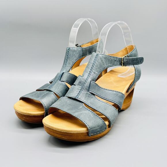 Dansko Shoes Womens 9.5 Blue Leather Sandals Trudy Wooden Wedge Ankle Strappy - Picture 4 of 11
